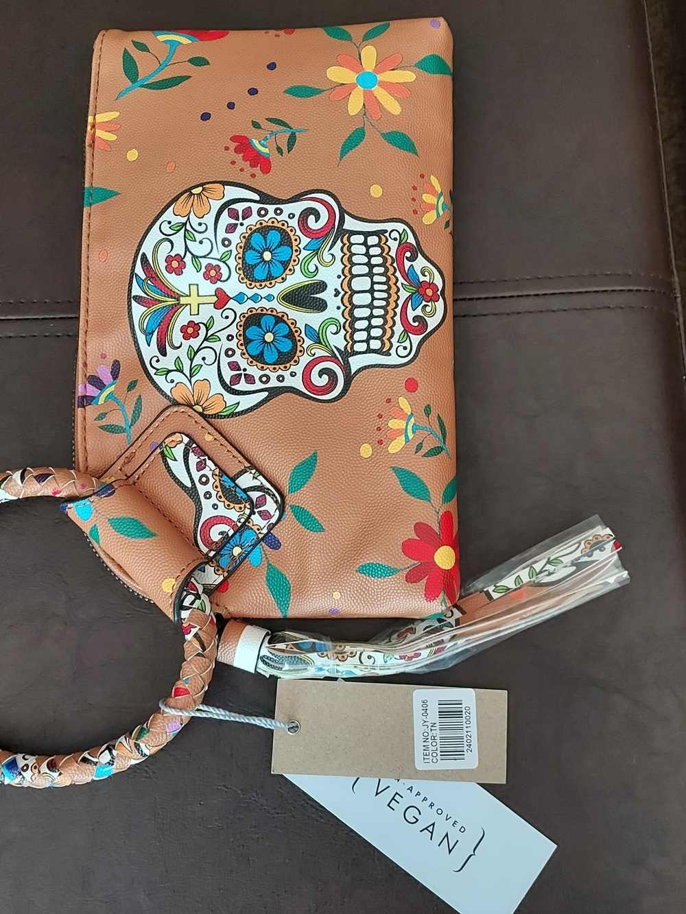 Source Unknown Tan Floral Sugar Skull Wristlet